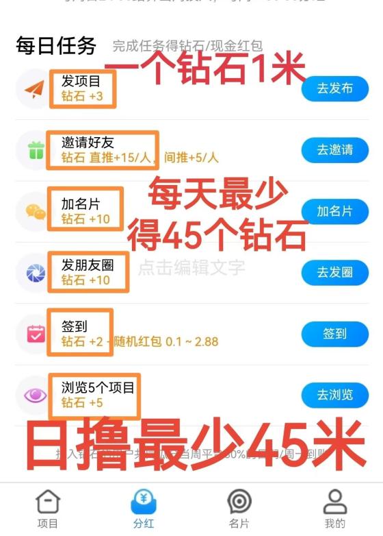 项目圈：签到得钻石，一个钻石最高分红1.2-9元，轻松赚取收益